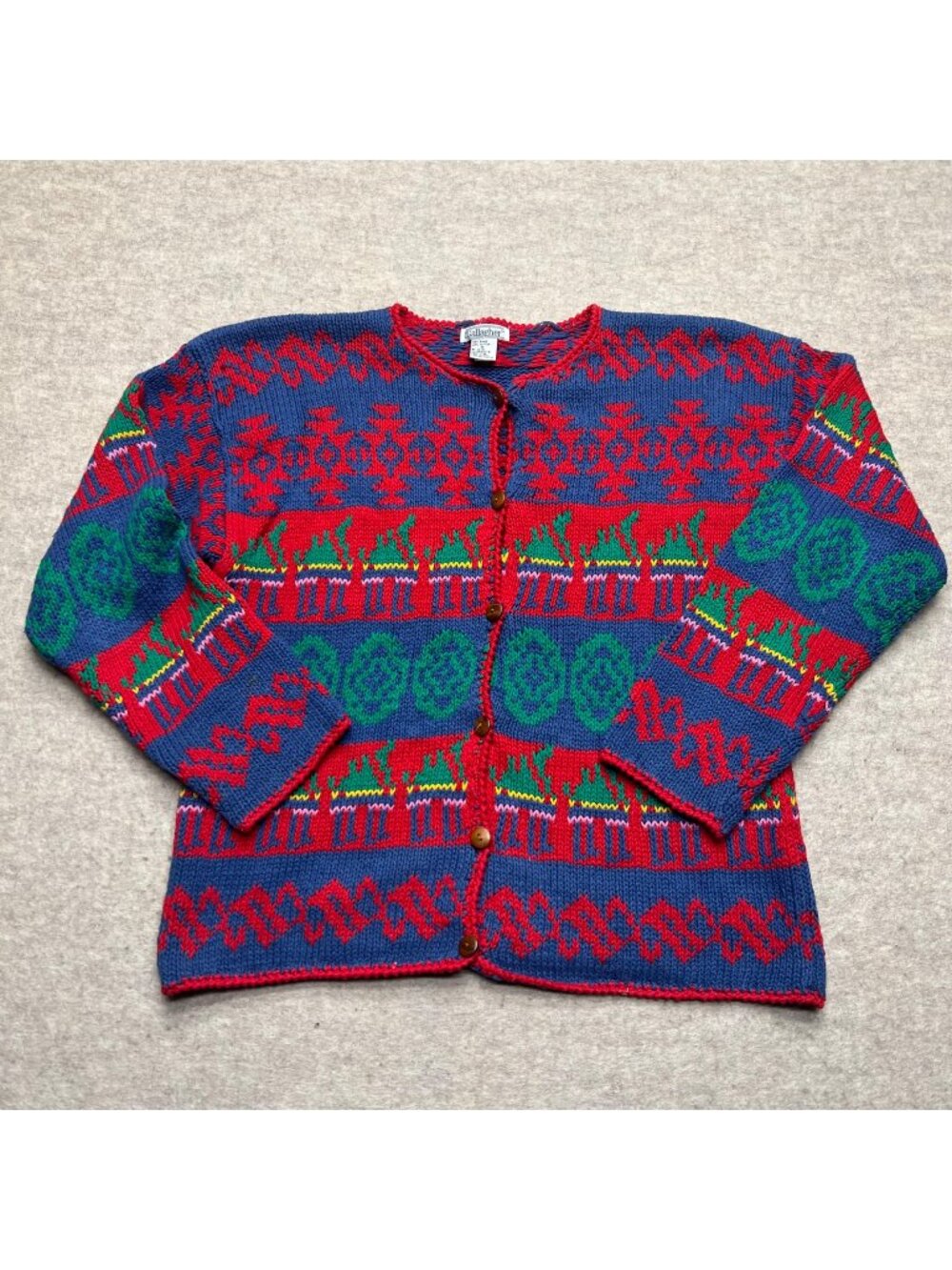 Vintage Gallagher Ramie Cotton Cardigan Holidays Knit Sweater Medium Pattern
